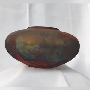 Vintage RAKU round vase ceramic matte Copper Flash artist studio pottery SIGNED